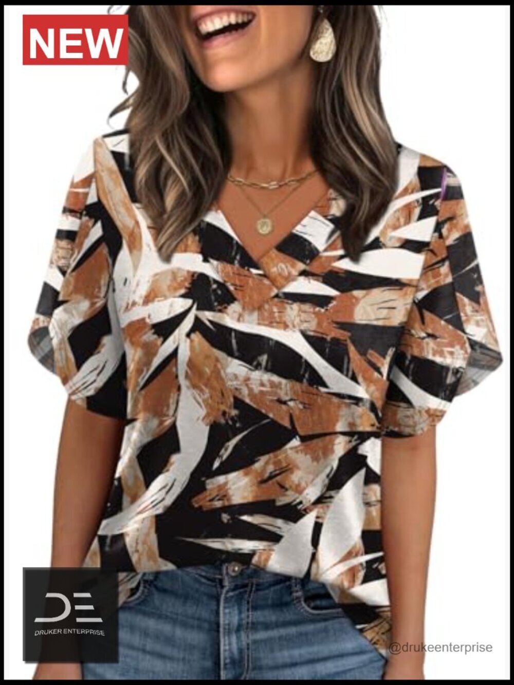 Women's Short Petal Sleeve V-Neck Blouse - Loose Fit Summer Top - Picture 2 of 7